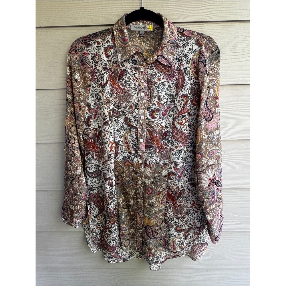 Paisley shirt Womens small button down Pink & Brown Figueroa & flower